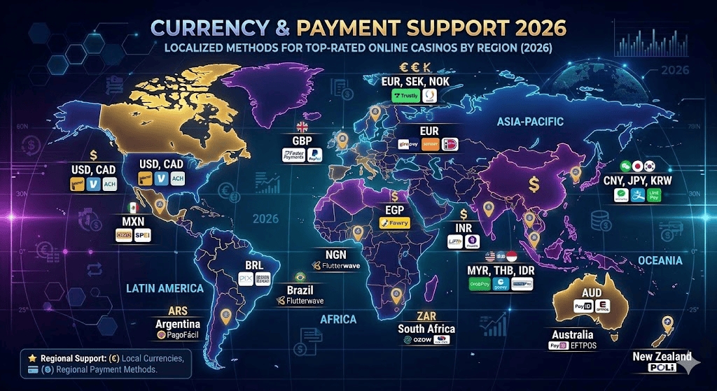 Currency and Payment Support - Localized methods for top rated online casinos by region 2026
