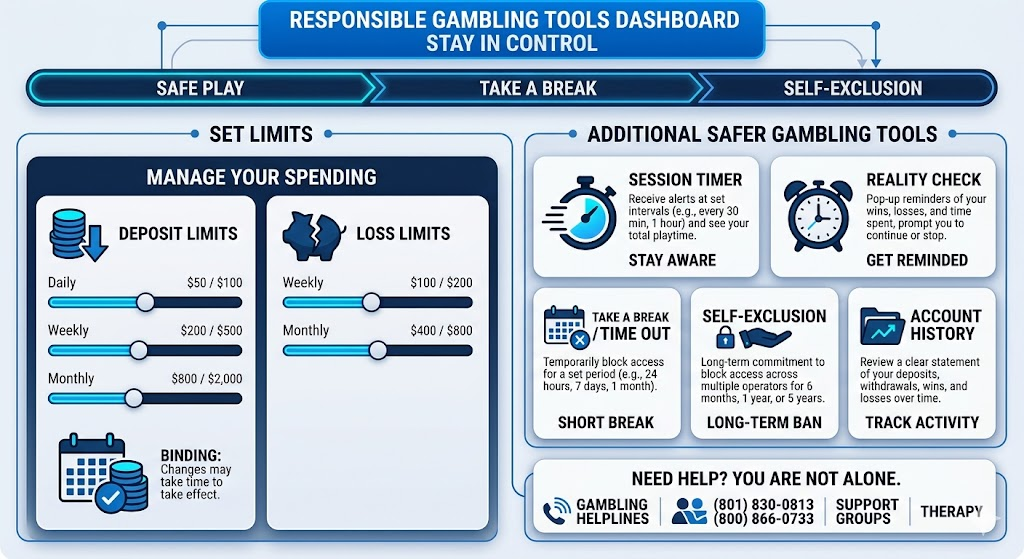 Dashboard showing Responsible Gambling tools and deposit limits