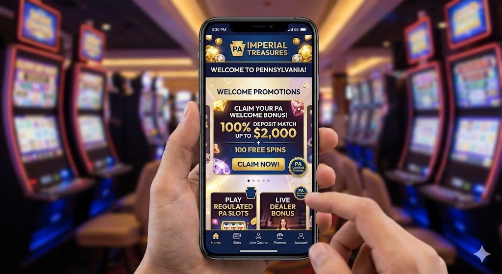 Imperial Treasures casino app homepage showing welcome promotions in Pennsylvania