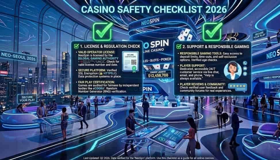 Casino Safety Checklist 2026 - Graphic showing license and support checks