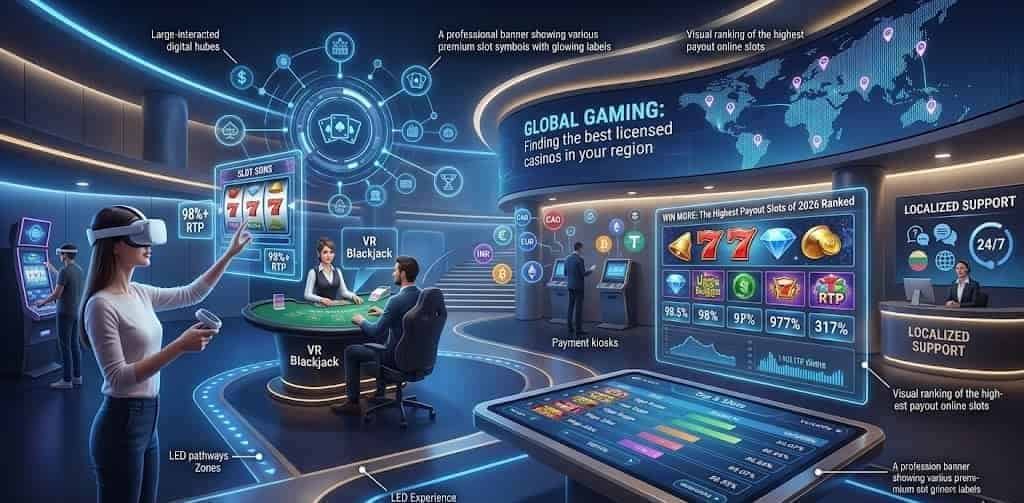 New Online Casinos 2026 - Futuristic digital casino lobby with VR elements