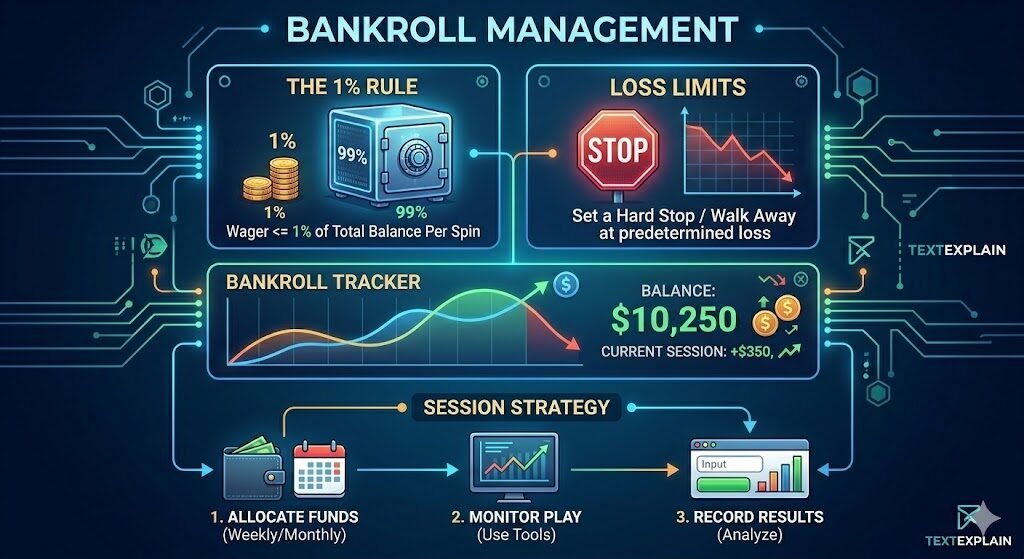 An expert-level strategic infographic titled "Bankroll Management: Professional Strategy," showcasing data-driven techniques for responsible gaming. The image features a central gear containing a stack of colored casino chips, surrounded by icons for the "1% Rule," which dictates wagering no more than one percent of a total balance per spin. Other critical elements include a "Stop Loss" lock icon for setting hard limits, a hand icon for time management, and a brain icon for technical pattern recognition. The graphic promotes a move away from "luck" toward "calculated sessions for sustainable, technical gaming." By providing a visual roadmap of professional betting cycles and loss limits, the infographic empowers players to manage their funds with discipline and utilize analytical tools for a more controlled and optimized entertainment experience.
