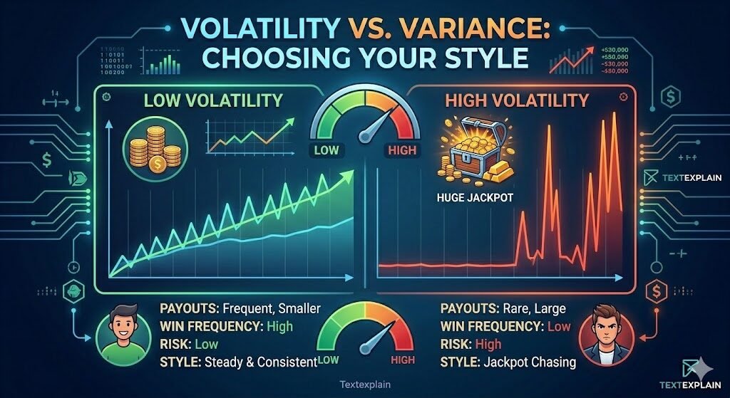 A professional data comparison graph titled "Volatility: Choosing Your Ride," illustrating the mathematical relationship between risk and reward. The left panel shows a "Low Volatility" graph with a consistent blue wave pattern and small coin icons, representing frequent but smaller payouts for players who prefer steady action and longer sessions. The right panel features a "High Volatility" graph with a sharp, tall orange peak and a gold bar icon, signifying rare but massive jackpot potential. This visual aid simplifies complex variance statistics, helping users understand how to choose a game that fits their specific bankroll and risk appetite. The sleek interface uses contrasting colors and clear labels like "Small Wins" versus "Big Wins" to guide the player's strategic decision-making process in a digital gaming environment.