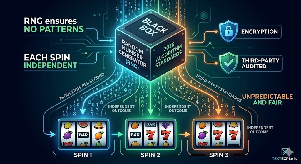 A high-tech technical illustration titled "RNG: The Engine of Fairness," specifically designed for the 2026 industry explainer guide. The central focus is a glowing, complex gear system that represents the Random Number Generator core, integrated with digital circuitry and data streams. Icons such as a clock, a shield, and a dollar sign surround the gear to symbolize speed, security, and financial transparency. Arrows demonstrate a secure mathematical flow from the algorithm directly to a slot machine display showing a "Jackpot" and "777" result, reinforcing the concept that every spin is an independent event. The graphic includes clear labels stating the system is secure, audited, unpredictable, and independent, providing players with visual confirmation of the fair-play standards and advanced encryption used in modern digital gaming platforms.