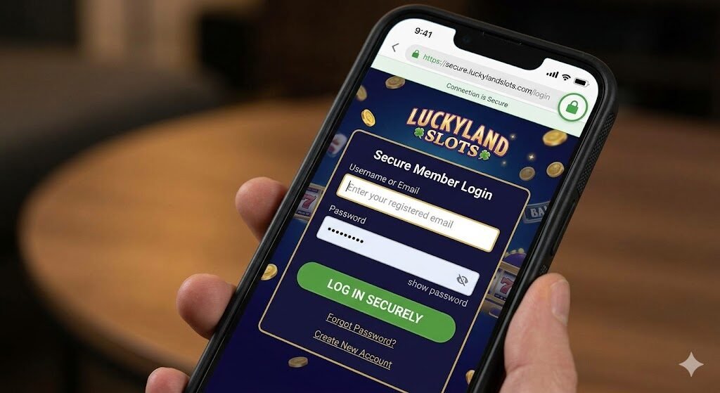A close-up view of a mobile phone screen showing a secure login page for a top-rated US sweepstakes casino platform