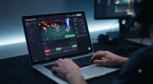 Close-up of a player using a laptop to access the Duel Casino 2026 live dealer interface