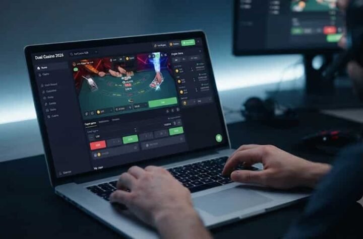 Close-up of a player using a laptop to access the Duel Casino 2026 live dealer interface